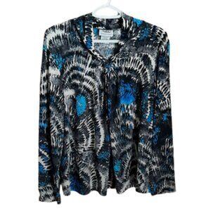 Nikki L Black ,Blue, Gray,White Print Top Long Sleeve Stretch Knit